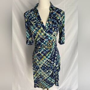 Suzi Chin for Maggy Boutique Faux Wrap Blue and Green Midi Dress Size 2